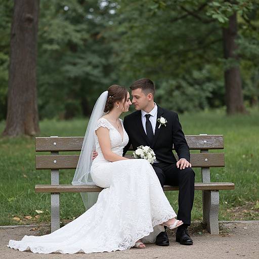 Photograph of a bride in a white lace wedding dress and veil, and groom in a black suit, sitting on a wooden bench in a green park