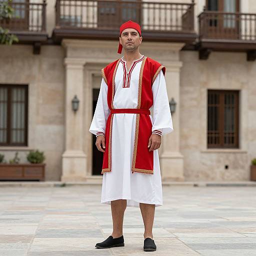 Photograph of a man standing in a courtyard, wearing a white robe with red and gold trim, red headband, and black shoes, in front