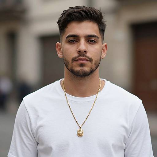 Photograph of a young, handsome man with short, dark hair and a trimmed beard, wearing a white shirt and gold necklace, standing in an urban