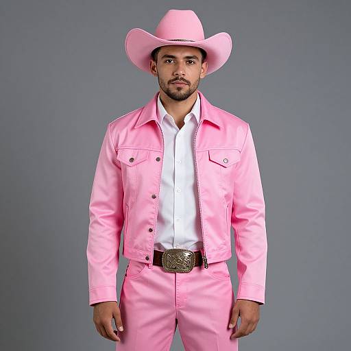 Photograph of a man with light brown skin wearing a pink cowboy hat, pink jacket, white shirt, pink pants, and a large brown belt,