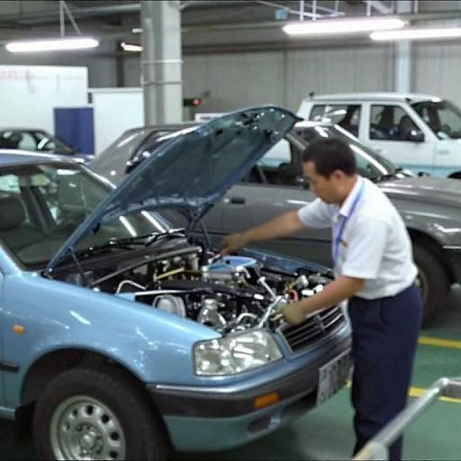 Photograph of an Asian male mechanic in a white shirt and blue pants, inspecting a blue car's open hood in a brightly lit, indoor garage