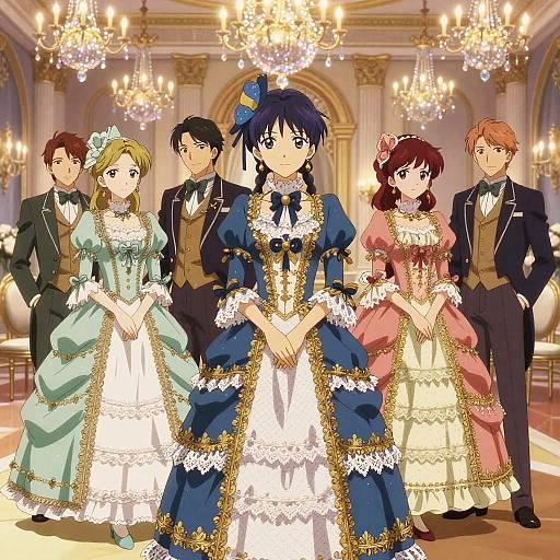 Anime-style group photo of six characters in elaborate Victorian-era dresses and suits, standing in a grand, chandelier-lit ballroom.