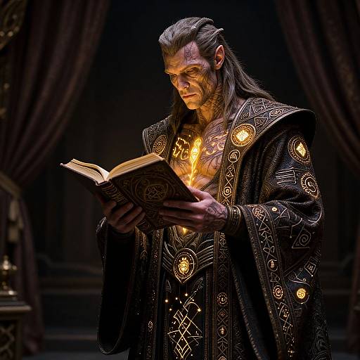 Photorealistic digital art of a long-haired, gaunt wizard with glowing runes on his chest, wearing an ornate black robe, reading an illuminated