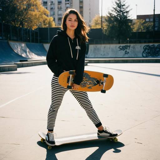 Athletic Woman with Skateboard in Urban Skate Plaza