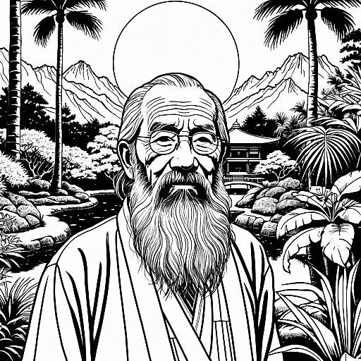 Elderly Man in Serene Japanese Garden Drawing