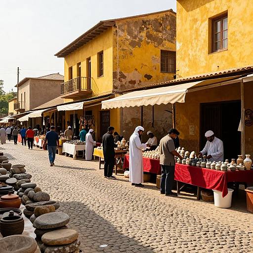 Vibrant Marketplace on Cobblestone Street