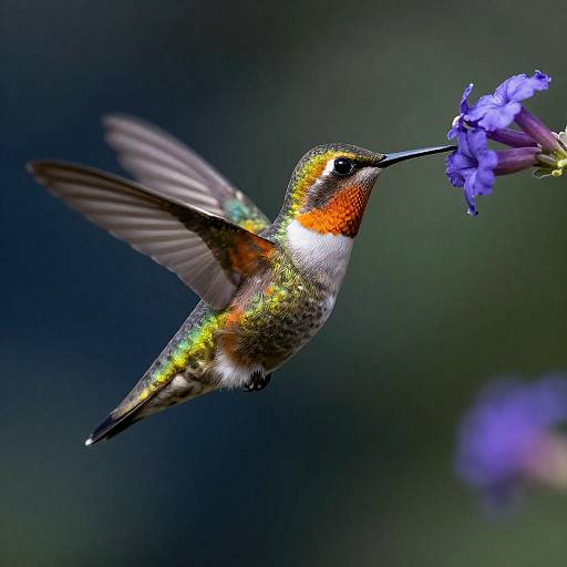 Iridescent Hummingbird Feeding on Purple Flowers
