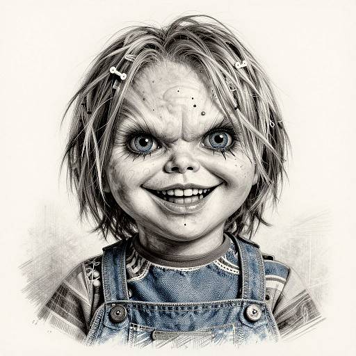 Digital drawing of a menacing, grinning child with wild blonde hair, freckles, and blue overalls, featuring intense black and white contrast.
