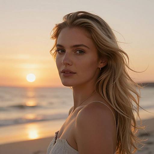 Photograph of a blonde woman with long, wavy hair, wearing a strapless top, standing at sunset on a beach, with the sun glowing