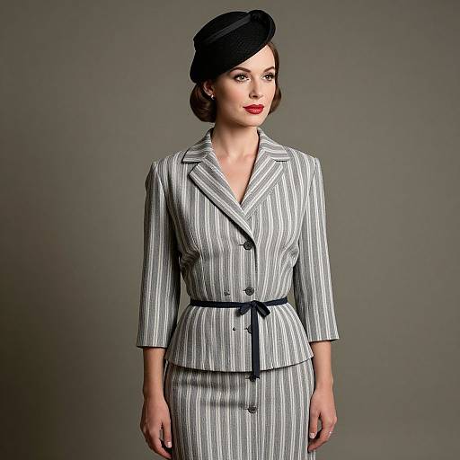 Photograph of a fair-skinned woman with red lipstick, wearing a black beret, grey and white striped 1940s-style suit, and