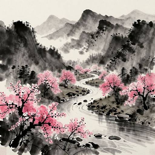 Digital painting of a serene mountain landscape with pink cherry blossoms, a winding river, and misty, dark mountains in the background.