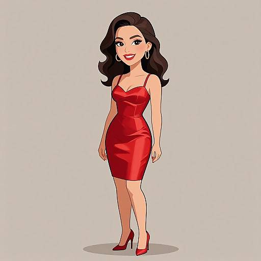 Digital cartoon of a smiling woman with wavy black hair, wearing a form-fitting red dress and matching red high heels.