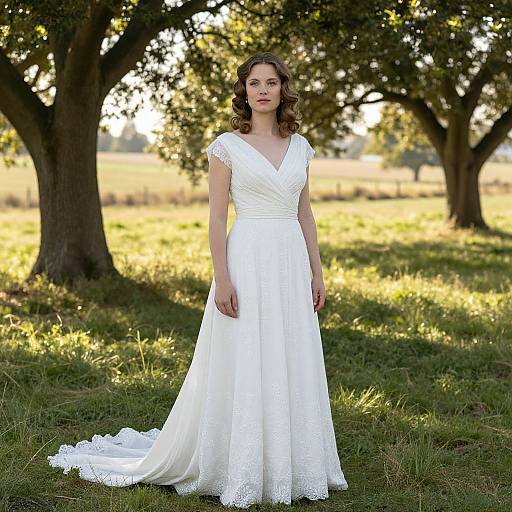 Photograph of a fair-skinned woman with curly brown hair wearing a white V-neck lace wedding dress, standing in a sunlit grassy field with