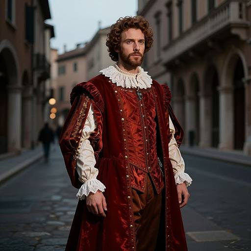 Photograph of a curly-haired, bearded man in 16th-century red velvet doublet and white lace collar, standing on a cobblestone