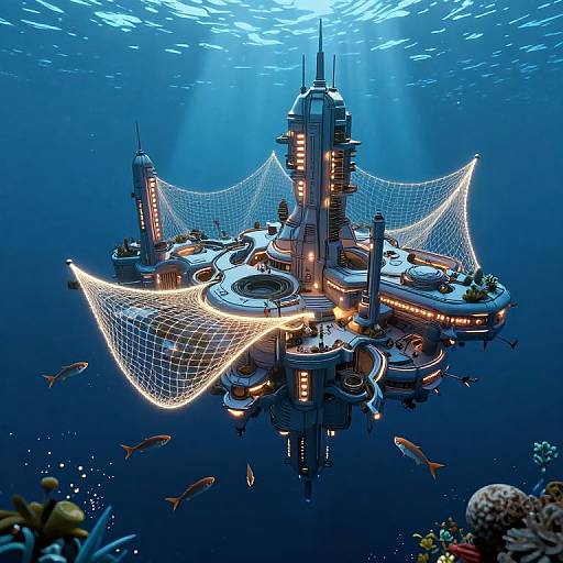 Underwater futuristic cityscape with glowing net-like structures, illuminated towers, and fish swimming around, surrounded by coral reefs and sunlight beams.