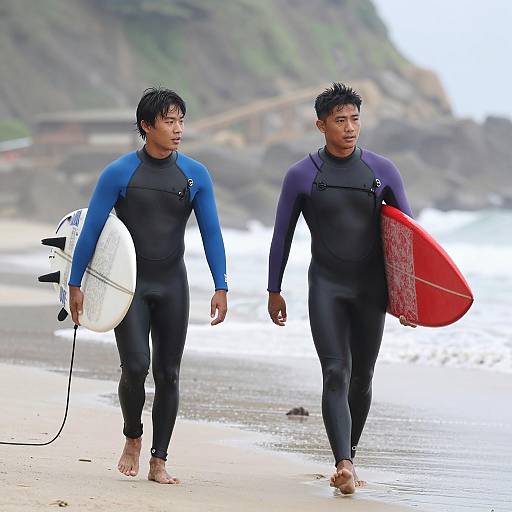Two Male Surfers Walking on Beach