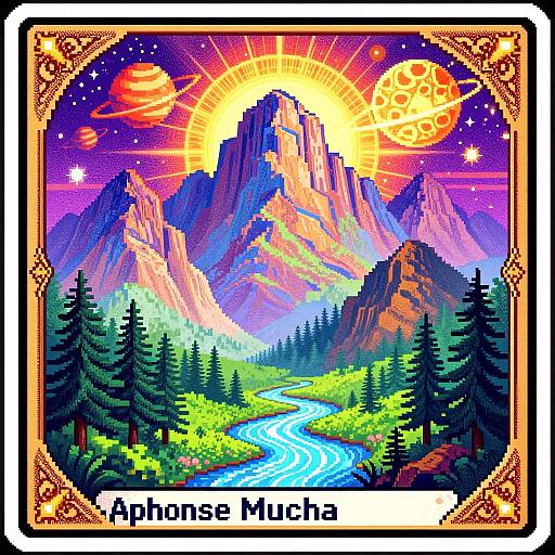Pixel art of a vibrant mountain landscape with a winding river, pine trees, and a radiant sunset with a glowing orange planet. Text reads 