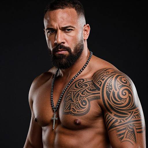 Photograph of a muscular, shirtless, bearded man with dark skin, tribal tattoos on his right shoulder and chest, wearing a black beaded