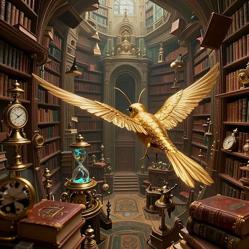 Photograph-like digital art of a golden, winged phoenix soaring through an ornate, dimly-lit library filled with clocks and books.