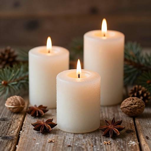 Photograph of three white candles with glowing flames, surrounded by pine branches, star anise, and walnuts on a rustic wooden surface.