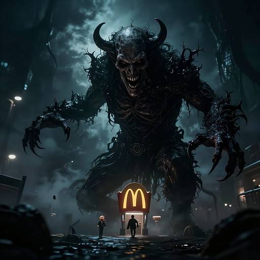 Digital artwork of a towering, demonic monster with glowing blue eyes and horns looming over a dark, foggy McDonald's at night. Two small figures stand