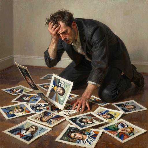 Desperate man in black clothes kneels on wooden floor, hand on forehead, surrounded by scattered portraits of himself. Photorealistic digital art.