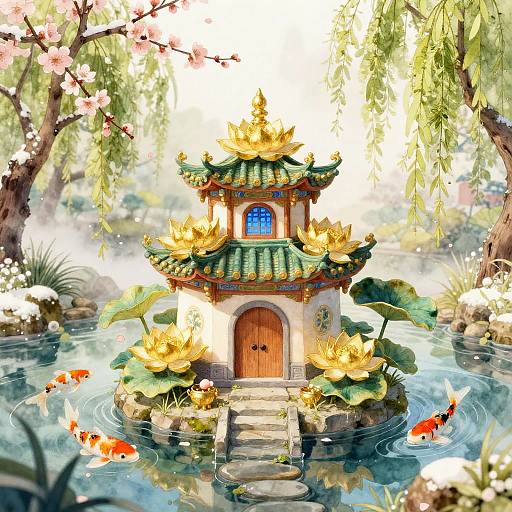 Digital artwork of a golden lotus-topped Chinese pagoda in a serene pond, surrounded by koi fish, lily pads, and cherry bloss