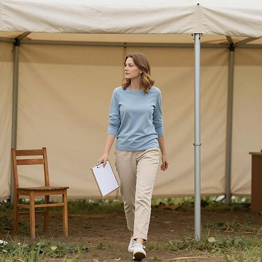 Woman Walking Through Yellow Canvas Tent