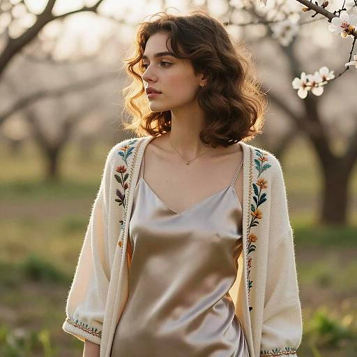 Young Woman with Effortless Waves in Silk Dress