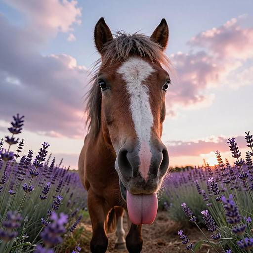 Playful Miniature Horse in Lavender Field