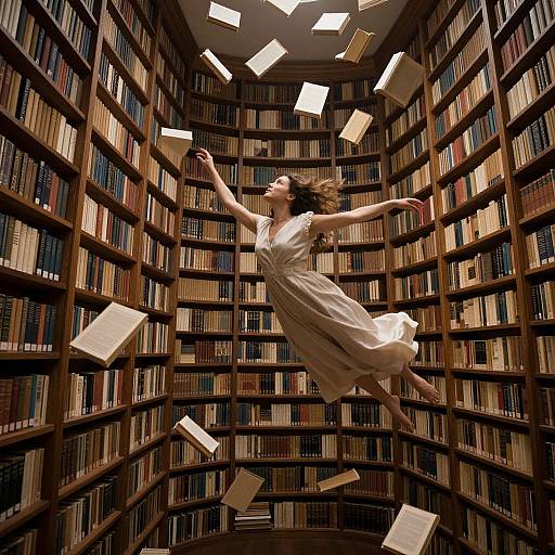 Photograph of a woman in a flowing white dress, mid-leap, surrounded by floating books in a towering wooden bookshelf library.