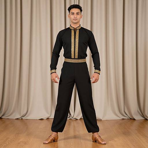 Photograph of a young man with short black hair, standing confidently in black traditional attire with gold embroidery, brown belt, and sandals, against a beige