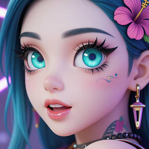 Digital artwork of a beautiful, anime-style woman with bright blue eyes, teal hair, pink hibiscus flower, and colorful tattoos, wearing gold