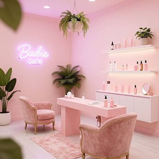 Photograph of a pink-themed salon with plush pink armchairs, potted plants, illuminated neon sign, white shelving, and a pink desk