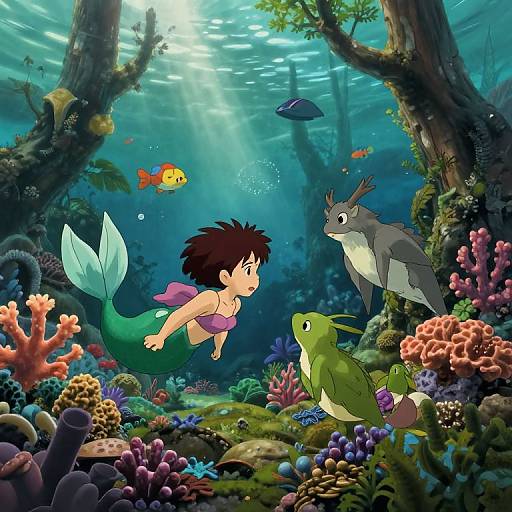 Colorful underwater scene: mermaid with green tail, purple top, brown-haired girl; gray frog-like creature, green lizard; colorful corals,