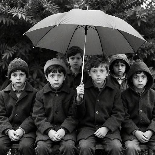 Serious Children Under Umbrella Outdoors