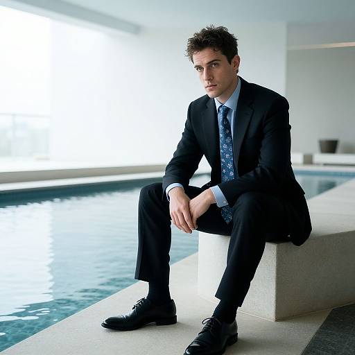 Photograph of a serious, dark-haired man in a black suit, blue patterned tie, and black shoes, sitting by a modern indoor pool.