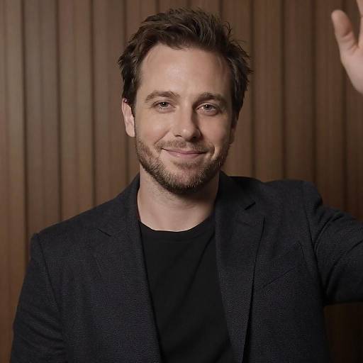 Smiling Man in Dark Blazer Against Brown Background