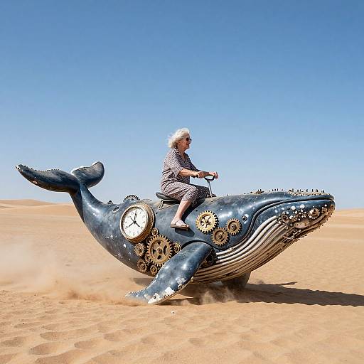 Photograph of an elderly woman with white hair riding a surreal, clockwork whale sculpture with gears in a bright, sandy desert under a clear blue sky
