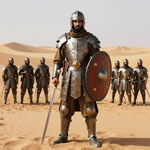 Photograph of a bearded warrior in medieval armor with a sword and round shield, standing in a desert with six armed comrades in the background. Sandy