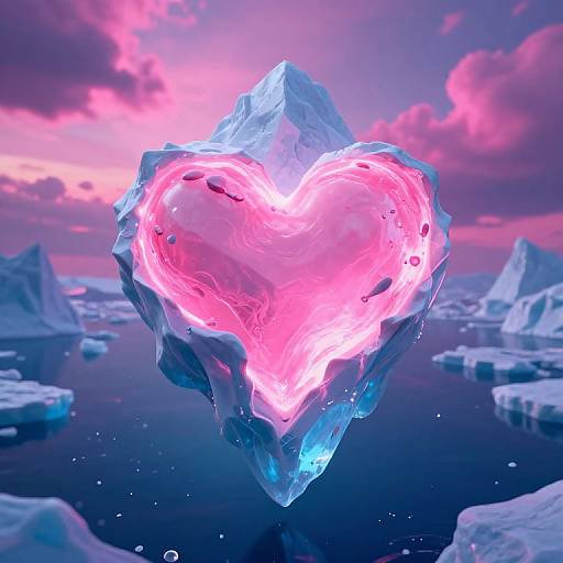 Digital artwork of a glowing pink heart-shaped ice fragment floating in a vibrant, purple-pink Arctic sky with scattered icebergs.