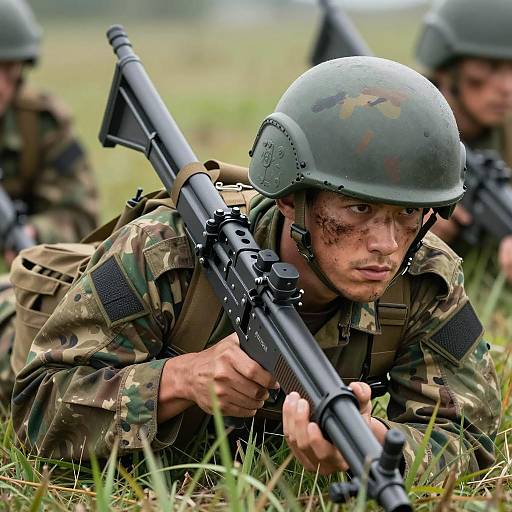 Male Soldier Crawling with Mounted Machine Gun