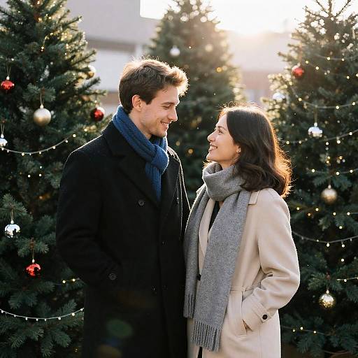 Joyful Couple Amidst Christmas Trees