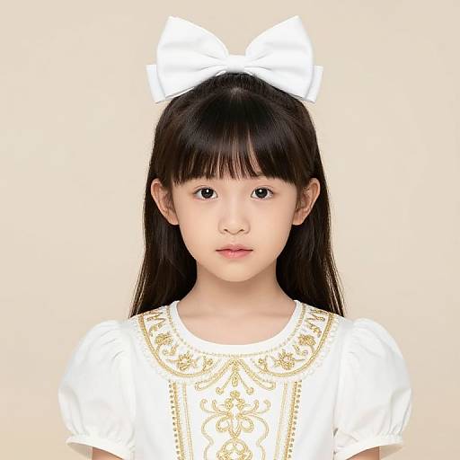 Girl in White Dress with Gold Embroidery