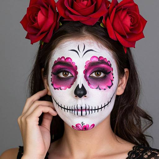 Photograph of a woman with white face paint, black and pink floral eye makeup, black nose and mouth, wearing a red rose flower crown, black
