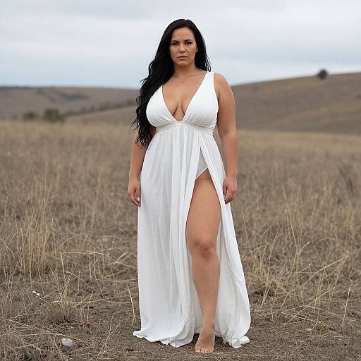 Photograph of a plus-size woman with long black hair, wearing a white, deep V-neck, high-slitted dress, standing barefoot in a