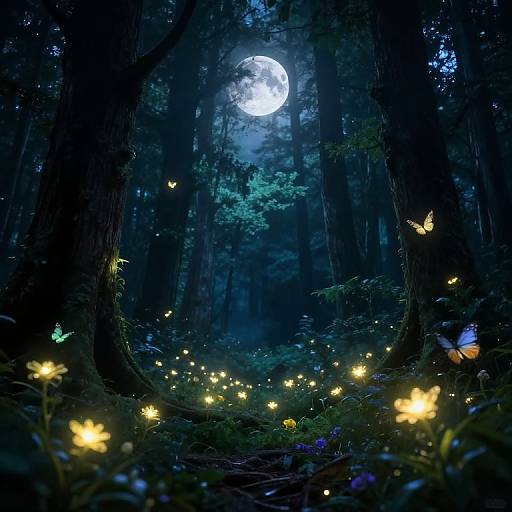 Digital art of a magical moonlit forest, glowing fireflies, luminescent butterflies, and ethereal light, surrounded by towering trees.