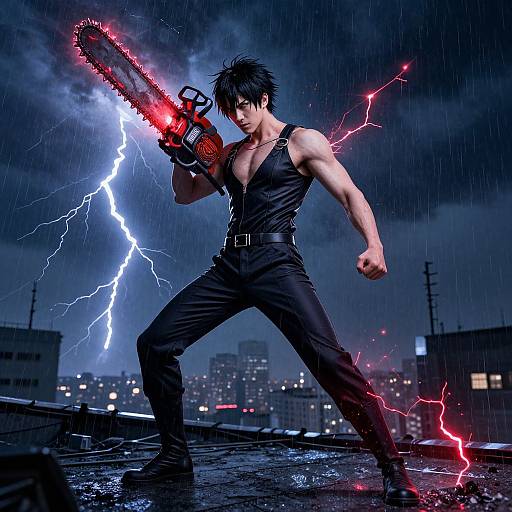 Digital artwork of a muscular, black-haired man in a black tank top and pants, wielding a glowing red chainsaw amidst lightning, on a rainy rooftop