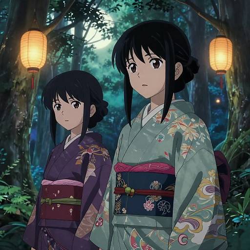Anime-style illustration of two young women in colorful kimonos, standing in a moonlit forest with glowing lanterns in the background.