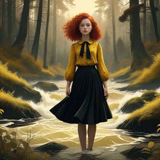 Red-haired woman in forest stream